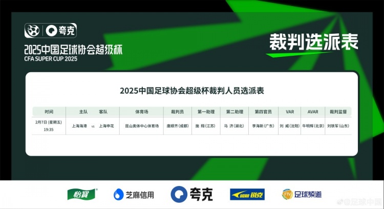 超级杯海港vs申花裁判员名单：主裁判唐顺齐，VAR刘威